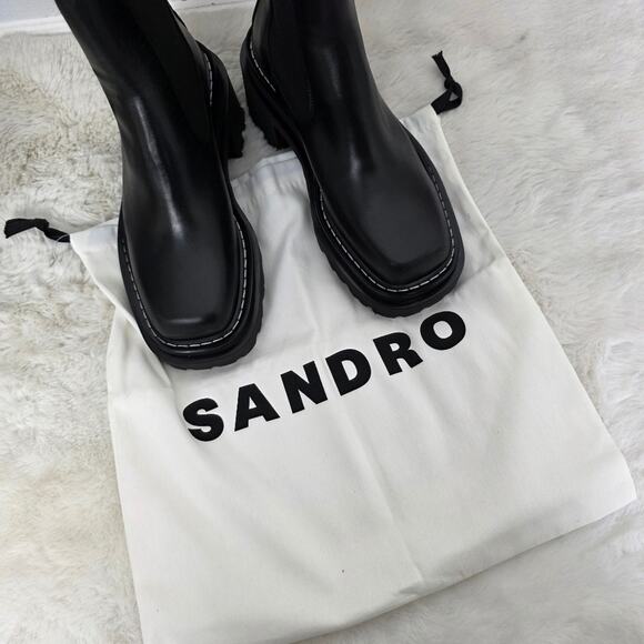 NEW Sandro Chelsea Ankle Boots EU 37 Black Leather Chunky Lug Sole Square Toe - Picture 14 of 16